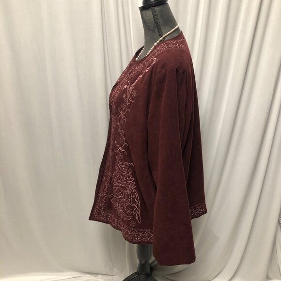 Susan Graver Jacket Womens Size 1X Burgundy Pink Embroidery Faux Suede Blazer - Picture 3 of 6